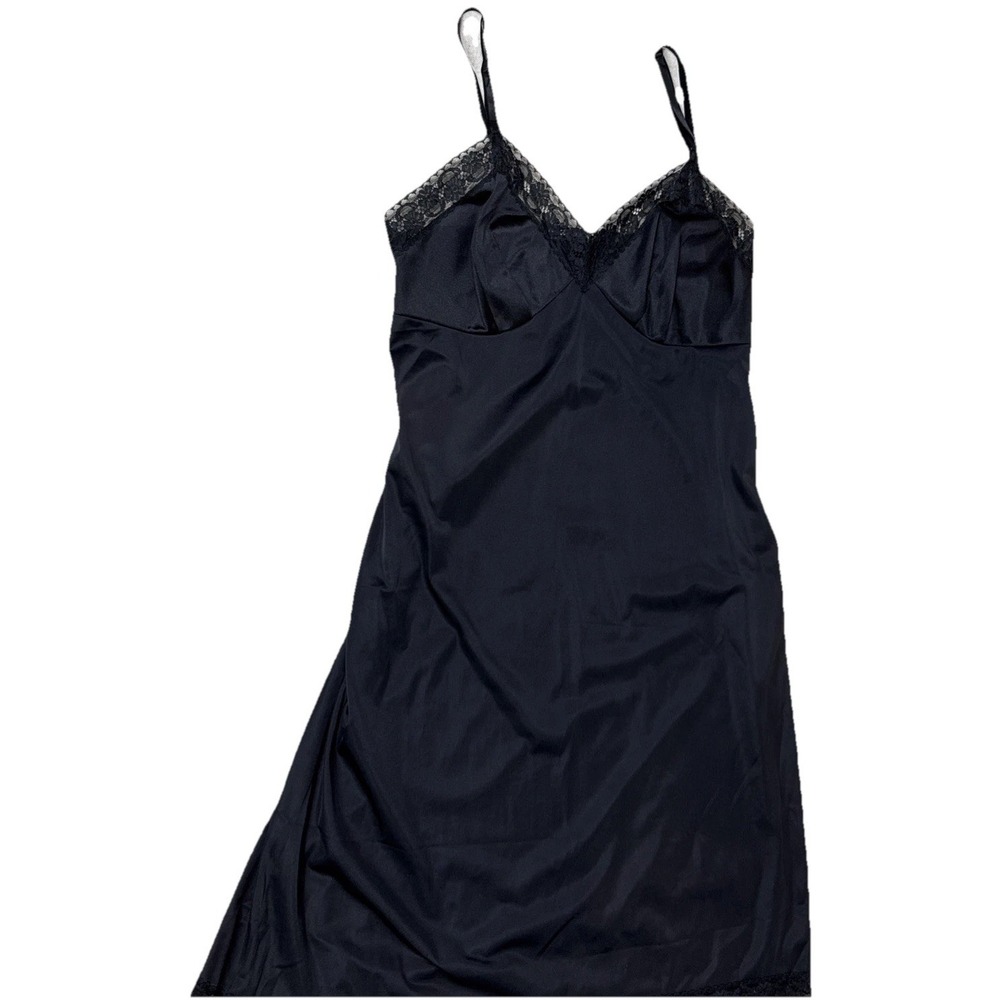 Vanity Fair Slip Dress Black Lace Trim Womens 36 Vintage Nylon USA